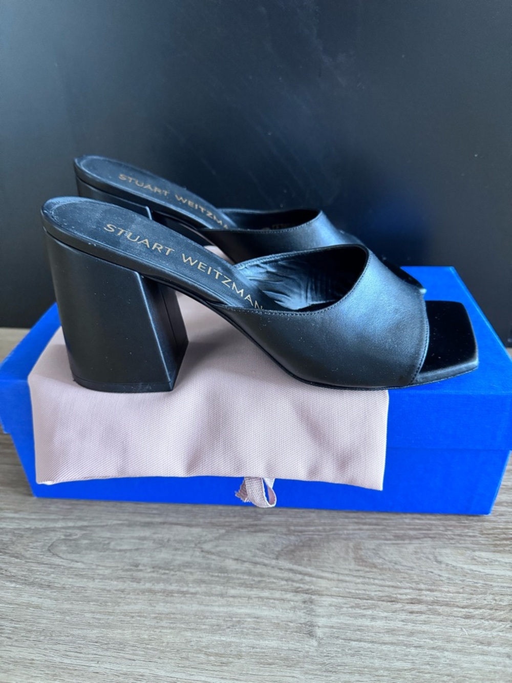 Stuart Weitzman Tia 85 Black Smooth Calf Leather Flare Block Heel Sandal
